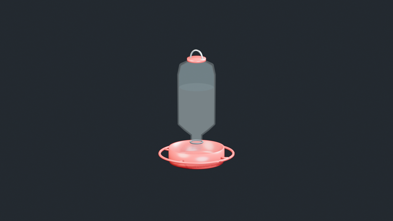 Reviewed sectioned render of an inverted hummingbird feeder showing the reservoir, liquid level, outlet and basin