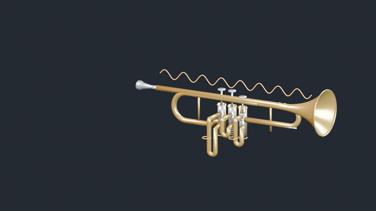 Reviewed cutaway render of a trumpet with its three piston valves separated and a schematic pressure wave above the tube