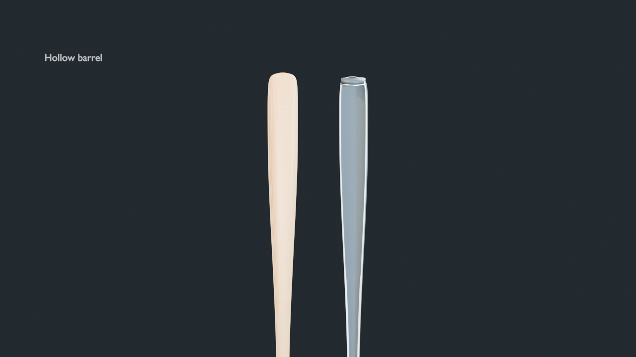 Reviewed sectioned comparison of a solid wood bat and a hollow metal bat barrel